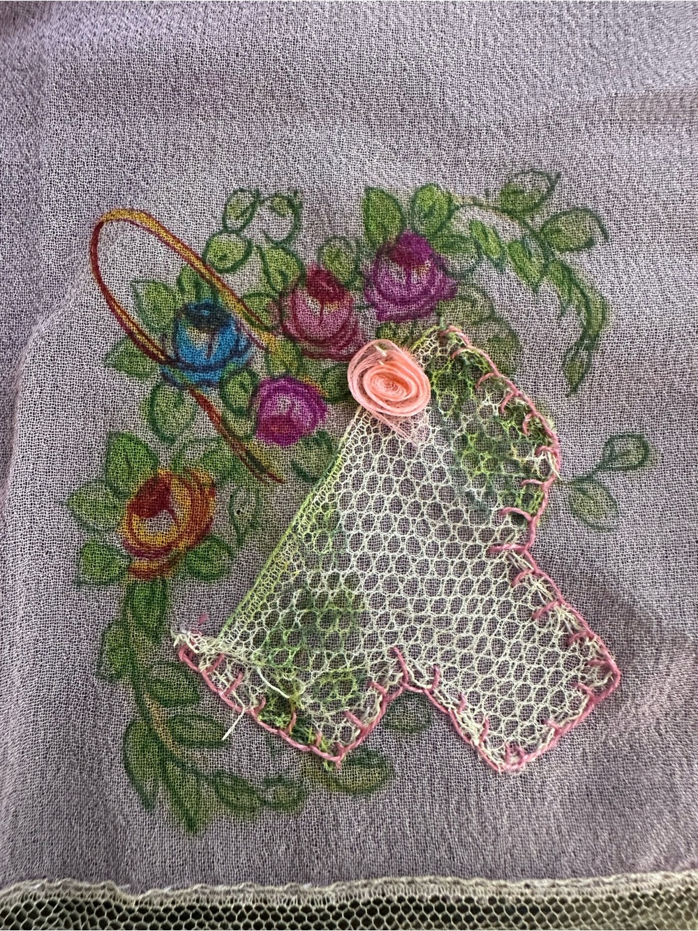 Vintage 1930’s Lavender Embroidered Handkerchief Wide Net Lace Ribbonwork Floral